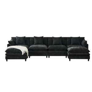 English Elm 140.9-inch U-shaped Modular Sectional Sofa with Ottomans Chenille Cloud Cushions Black W288S00030