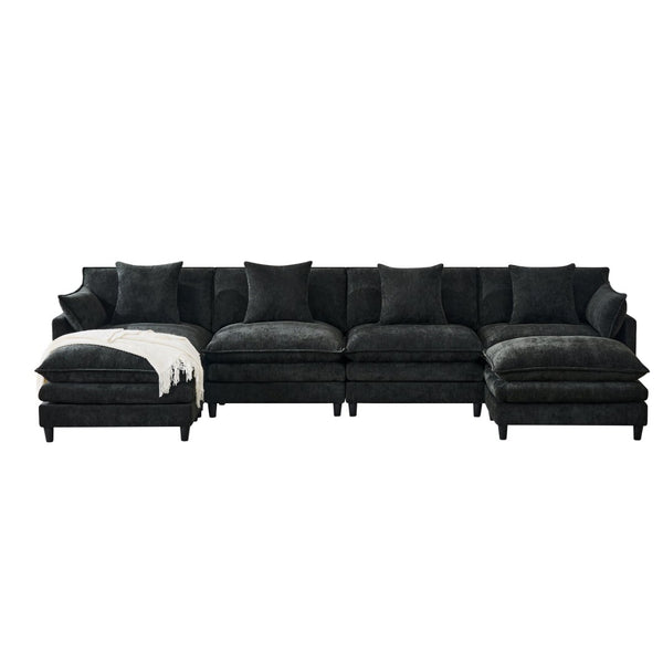 English Elm 140.9-inch U-shaped Modular Sectional Sofa with Ottomans Chenille Cloud Cushions Black W288S00030