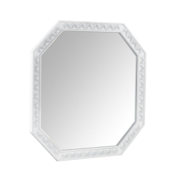 English Elm Retro Octagonal Mirror Vanity Desk with Velvet Jewelry Tray, 3 Carved Drawers, Elegant White Console Table (43.6") N844P292482A