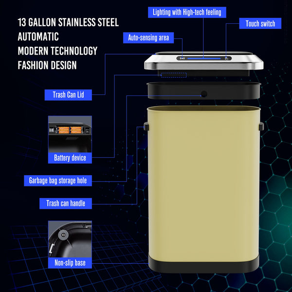 English Elm 50L Smart automatic Trash Can with Silent Slow-Close Lid, Motion Sensor, Durable 0.45mm Steel Body Yellow W1550P247984