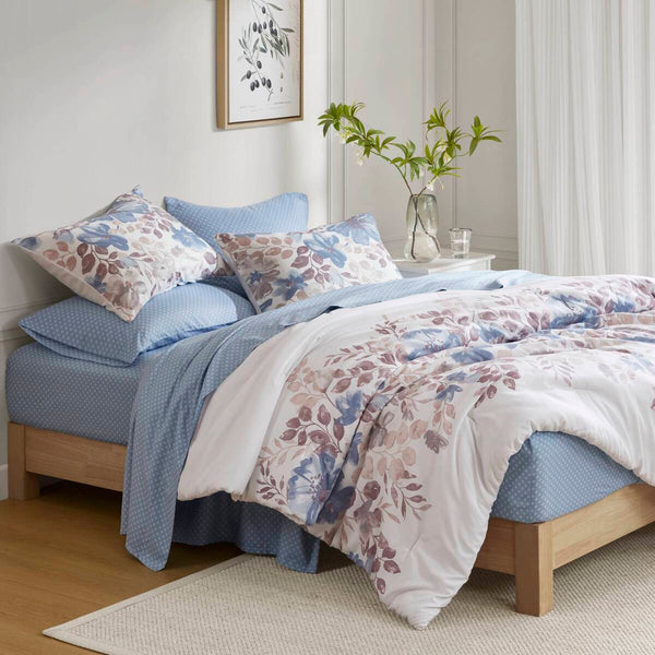 English Elm Floral Comforter Set With Soft Microfiber Sheets - Blue Watercolor Design For Cozy Bedrooms B035P266684