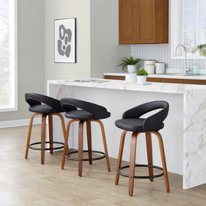 English Elm Fixed-height Swivel Counterstools Walnut Wood Legs Faux Leather Seats Set of 2 B202S01749