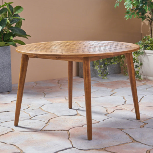 English Elm 47.25" Solid Acacia Round Outdoor Dining Table Slatted Teak Finish Seats Four N770P396250T