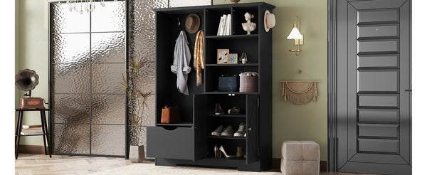 English Elm Multi-functional Entryway Hall Tree with Hooks Bench Drawer Cabinet in Matte Black W1307S00034
