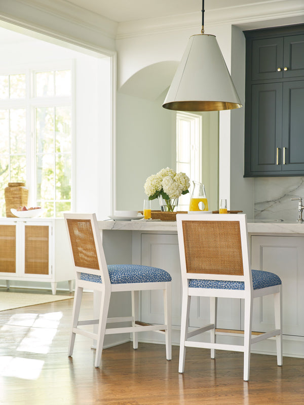 Lexington Barclay Butera Cleo Counter Stool - Elegant Upholstered Design With Woven Cane Back And Luxe Burnished Brass Kickplate Tides  935-895-40