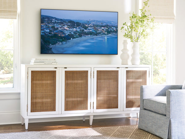 Lexington Barclay Butera Bluebird Media Console: Timeless Design With Woven Cane Panels And Adjustable Shelves For Versatility Tides  935-907