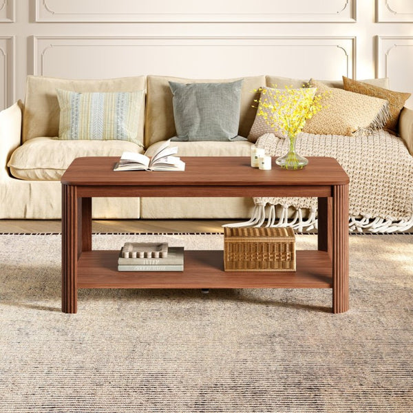English Elm Arc Corner Oak Coffee Table with Open Shelf Wave Grain Legs Modern Living Room Accent W5563P449954