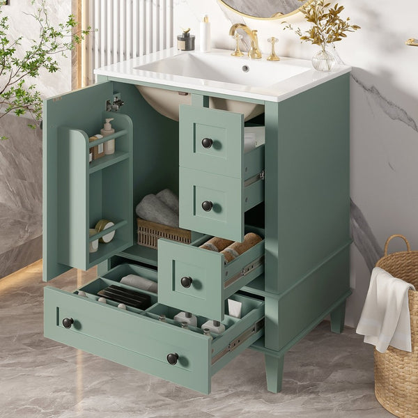 English Elm 24-inch Matte Bathroom Vanity Rubberwood Cabinet with Ceramic Sink and Soft-close Drawers Light Green N729P377516F