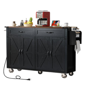 English Elm K&K Farmhouse Kitchen Island Cart 53.5" with Drop Leaf, Built-In Power Station, Ample Storage & Wheels Black N707P170348B