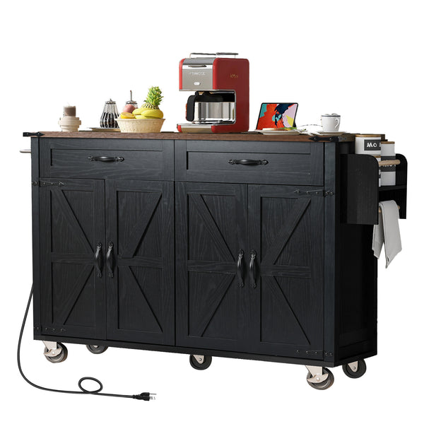 English Elm K&K Farmhouse Kitchen Island Cart 53.5" with Drop Leaf, Built-In Power Station, Ample Storage & Wheels Black N707P170348B