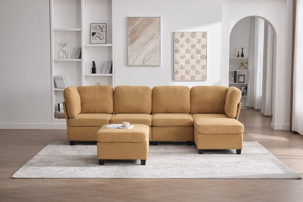 English Elm UNITED Modular 6-Seat Sectional Sofa with Removable Ottoman, Storage Compartments, Convertible Comfort Mustard yellow W1568S00247