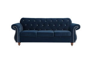 English Elm Formal Velvet Tufted Sofa with Silver Nailhead Trim and Rolled Arms — Elegant 93"L Living Room Statement piece Indigo 34 L x 34 W x 16 H B011S01694
