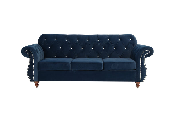 English Elm Formal Velvet Tufted Sofa with Silver Nailhead Trim and Rolled Arms — Elegant 93"L Living Room Statement piece Indigo 34 L x 34 W x 16 H B011S01694