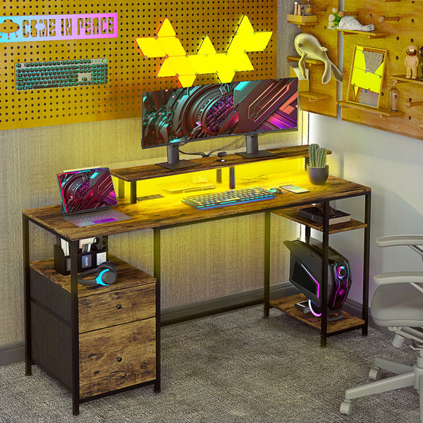 English Elm HOMCOM 61" Gaming Computer Desk with LED Strip, Dual Outlets & USB, Monitor Stand, Storage Drawers W2225P200372