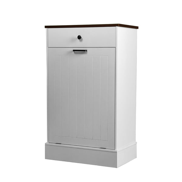 English Elm Tilt Out Trash Can Cabinet 10 Gal Hidden Tilt Design with 2 Drawers Farmhouse MDF Organizer White W3204P364054
