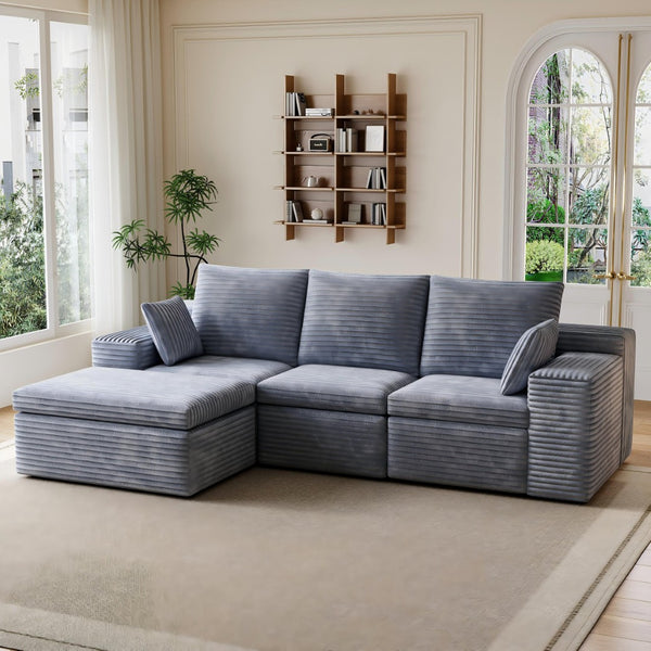 English Elm U Shaped Modular Sectional Corduroy Sofa Sleeper with Pull Out Chaise Cozy Living Room Gray W1825P334961