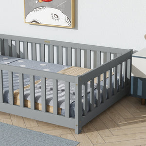 English Elm Twin Low Profile Rubberwood Floor Bed with Full Safety Fence for Toddler Rooms Grey W504P429333