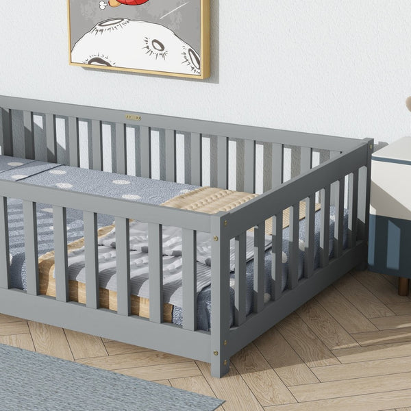English Elm Twin Low Profile Rubberwood Floor Bed with Full Safety Fence for Toddler Rooms Grey W504P429333