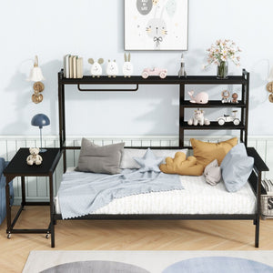 English Elm Twin Metal Daybed With Movable Desk, Shelves, Clothes Hanger & Industrial Design For Small Spaces N737P199195B-GIGA