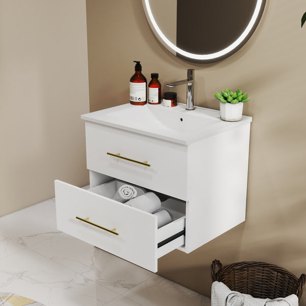 English Elm 24-Inch Wall-Mounted Vanity With Ceramic Sink, Dual Drawers, Gold Handles, Space-Saving Design W3151S00038