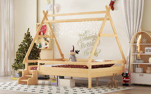English Elm Twin House Shaped Platform Bed Solid Pine Frame with Built in Stairs for Kids Natural W1580P354721