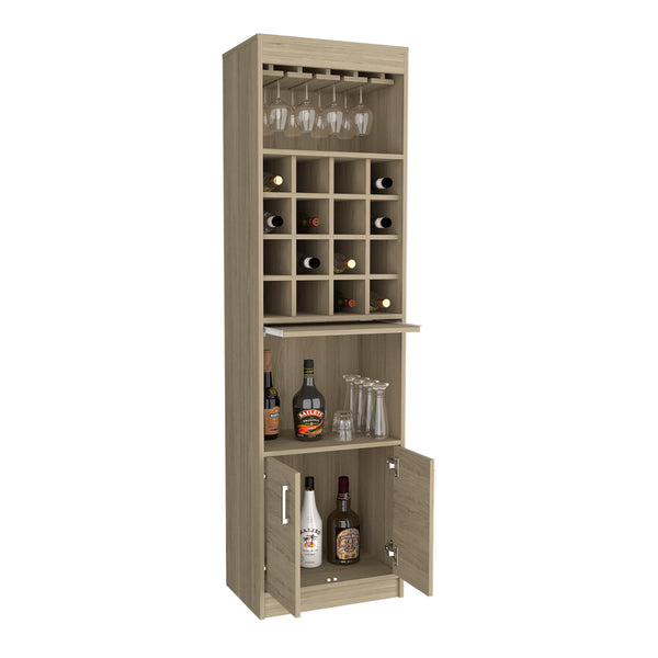 English Elm Being Kava Bar Cabinet 71" High Light Pine with 12 Glass Rack, Retractable Tray & 16 Bottle Cubbies B070S00097