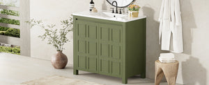 English Elm 36" Bathroom Vanity Organizer with Ceramic Sink, Solid Wood Distressed Finish, Hand-Painted Charm and Ample Storage Olive Green N729P255666F