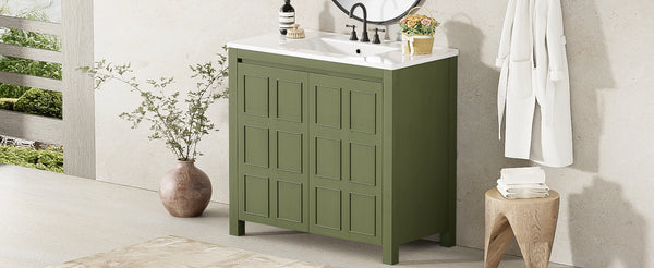 English Elm 36" Bathroom Vanity Organizer with Ceramic Sink, Solid Wood Distressed Finish, Hand-Painted Charm and Ample Storage Olive Green N729P255666F