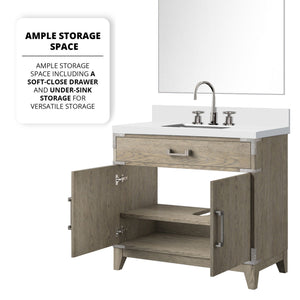 English Elm Grey Oak Single Bath Vanity with White Quartz Top, Chrome Faucet & 34" Mirror — Durable Wood Finish B2731S02012