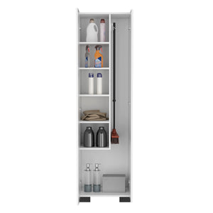English Elm Lake Broom Slim Storage Cabinet with Inner Shelves, Side Broom Hangers & Bottom Compartment White B200S00400