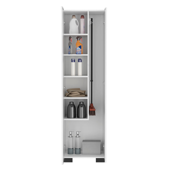 English Elm Lake Broom Slim Storage Cabinet with Inner Shelves, Side Broom Hangers & Bottom Compartment White B200S00400