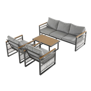 English Elm Christopher Knight Home® - 4-Pieces Outdoor Metal Patio Furniture Set with Deep-Seat Cushions, Teslin Rope, Wood-Look Tabletop, Rust-Resistant Frame Natural+Grey N780P2540723G
