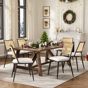 English Elm Dining Chairs Mid-Century Modern Rattan Backrest Bouclé Upholstered Metal Frame Comfortable Design White T3623P379917