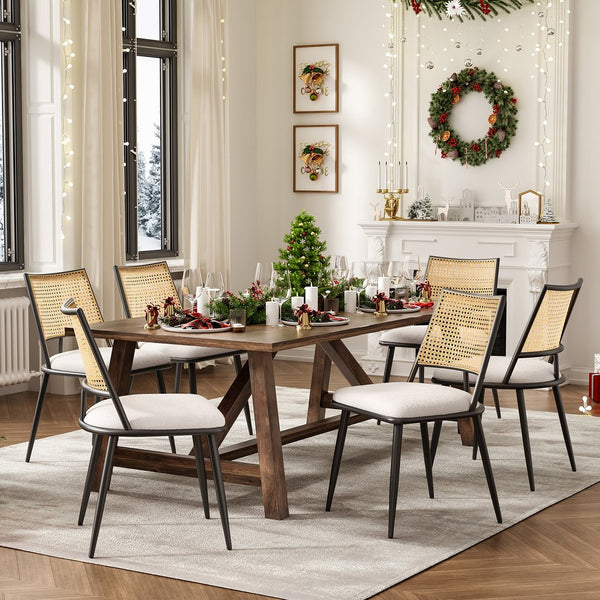 English Elm Dining Chairs Mid-Century Modern Rattan Backrest Bouclé Upholstered Metal Frame Comfortable Design White T3623P379917