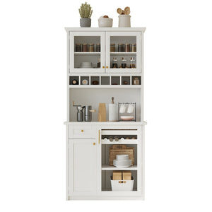 English Elm Topmax Farmhouse Buffet Hutch with Wine Rack Shaker Glass Pantry Cabinet White N717P327043K