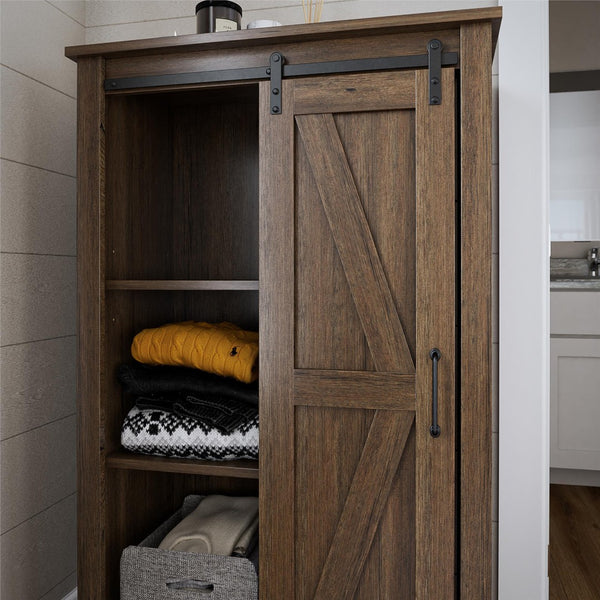 English Elm Alton Farmhouse Chest with Sliding Barn Door Five Drawers and Matte Black Hardware Walnut B2733S00015