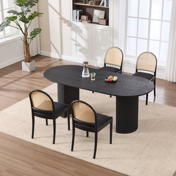 English Elm Rattan Backrest Dining Chairs Set of 2 Teddy Fabric Cushion Solid Wood Legs Kitchen Black W3244P475533