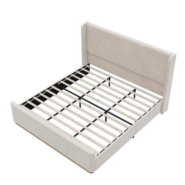 English Elm King Corduroy Upholstered Bed with Vertical Channel Wingback Headboard, Metal Frame & Wood Slats, Light Grey N701P201394E