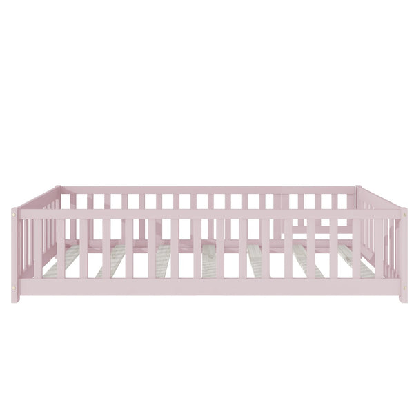 English Elm Twin Solid Rubberwood Floor Bed with Full Perimeter Safety Rails for Toddler Rooms Pink W504P296782