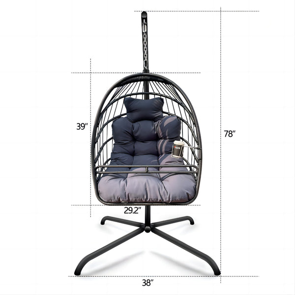 English Elm Swing Egg Chair with Stand - Foldable Wicker Rattan Hanging Basket, Safety Guardrail & Cup Holder Black W2707P184391