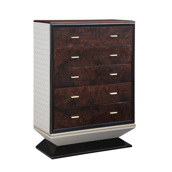English Elm Jamonica 5-drawer Chest with Glossy Wood Veneer Top and Gold Knob Hardware B2756P506262