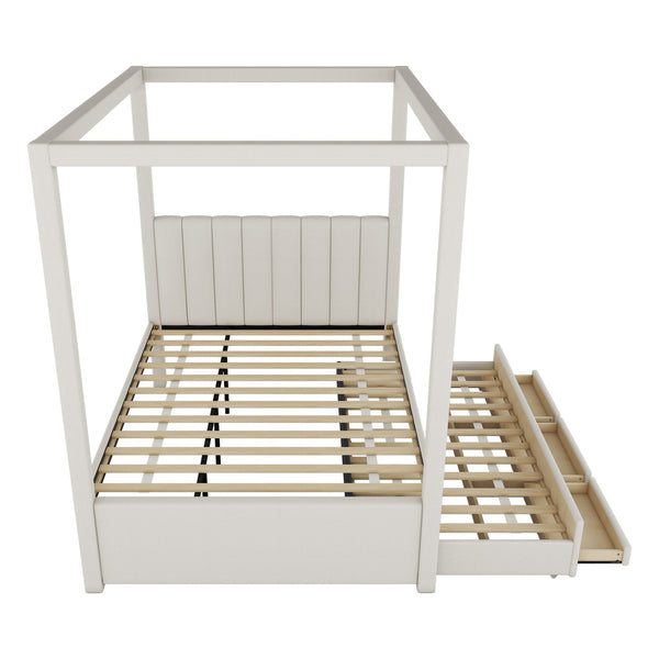 English Elm Full Full Size Upholstery Canopy Platform Bed with Trundle, 3 Drawers, Beige Linen Frame, Modern Design DL001917AAA