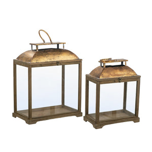 English Elm S/2 Distressed Fir Wood Candle Lanterns with Glass Sides and Gold Dome Tops W2078P423052