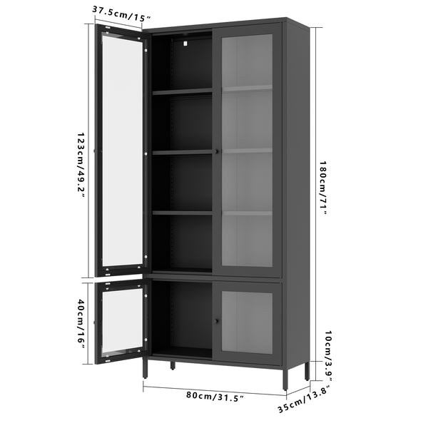 English Elm Large Metal Storage Cabinet with 4 Tempered Glass Doors, 5 Adjustable Shelves, Rust‑Resistant Steel, Black — Stylish Display & Secure Home Office Storage W2378P176271
