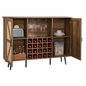 English Elm Oak Rustic Wine Cabinet with Faux Rattan Barn Doors, 20-Bottle Rack, Glass Holders, Adjustable Shelves W2702P183971
