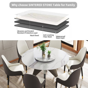 English Elm 53" Round Marble Dining Table With Rotating Turntable, Stainless Steel Base For 6, Modern Design W1535S00390