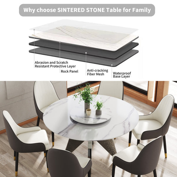 English Elm 53" Round Marble Dining Table With Rotating Turntable, Stainless Steel Base For 6, Modern Design W1535S00390