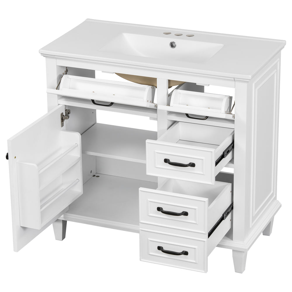 English Elm 36 Inch Bathroom Vanity - Modern Ceramic Sink, Solid Wood Frame, Adjustable Storage & Soft-Close Doors N725P336554K