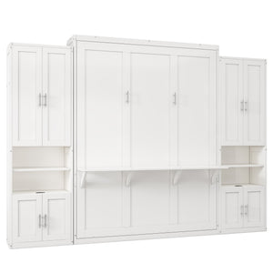 English Elm Full Murphy Bed with Desk & 2 Bookshelves, USB Ports, Adjustable Shelves, 600LB Capacity White BS7013008109C