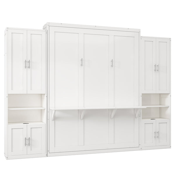 English Elm Full Murphy Bed with Desk & 2 Bookshelves, USB Ports, Adjustable Shelves, 600LB Capacity White BS7013008109C